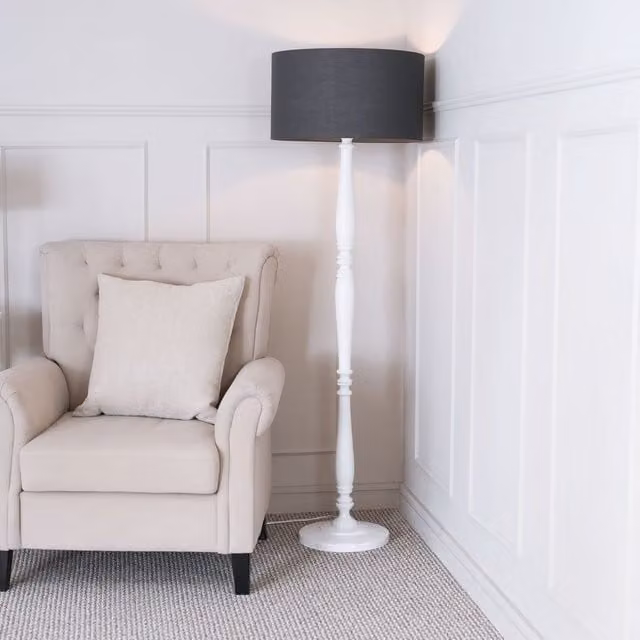 ValueLights Victoria White Wood Traditional Stem Floor Lamp with Anthracite Fabric Drum Shade, H 157 cm x W 45 cm x D 45 cm