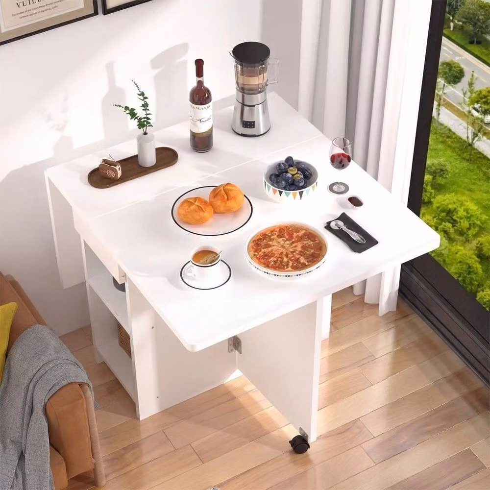 NESTLUNE White Foldable Drop Leaf Dining Table with Castors and Storage Shelf, W: 100 cm, D: 15 cm – 5