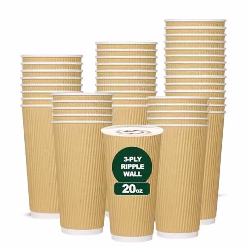 ECONX 100 x 20oz Brown Kraft Ripple Paper Insulated Disposable Coffee Cups with Lids