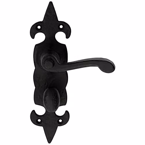 Loops Pair Forged Scroll Lever Bathroom Door Handles on Backplate, Black Antique, W: 20.6 cm, H: 5.7 cm