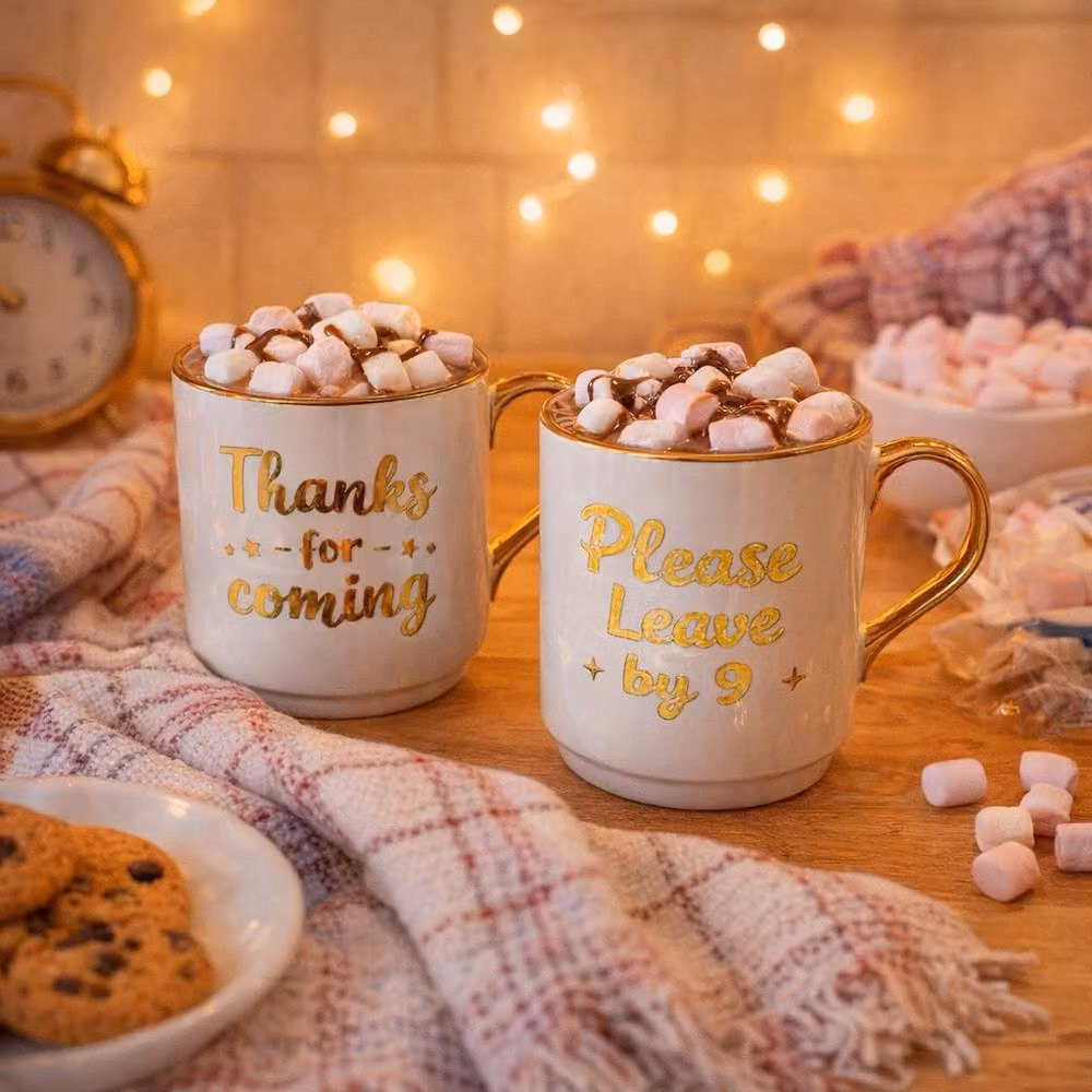 Lesser & Pavey Gold Edition Thanks for Coming Stackable Bone China Mug Set in White and Gold, 300ml – 2