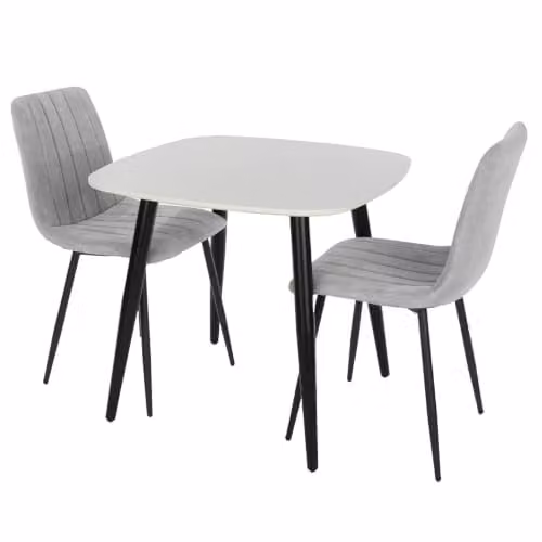 Core Products Aspen 3-Piece Dining Set with Square White Wood Table and 2 Light Grey Upholstered Fabric Chairs and Black Metal Legs