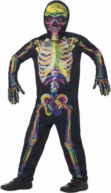 Smiffys Childrens Glow In The Dark Skeleton Costume Set in Black, Green and Multicolour, Age 4-6 Years