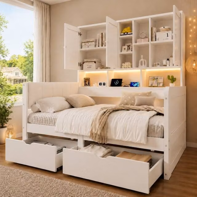 Rolipo Single Kids Storage Bed in White with LED Lighting, USB Charging Port and Drawers, W/D/H: 90 x 190 cm