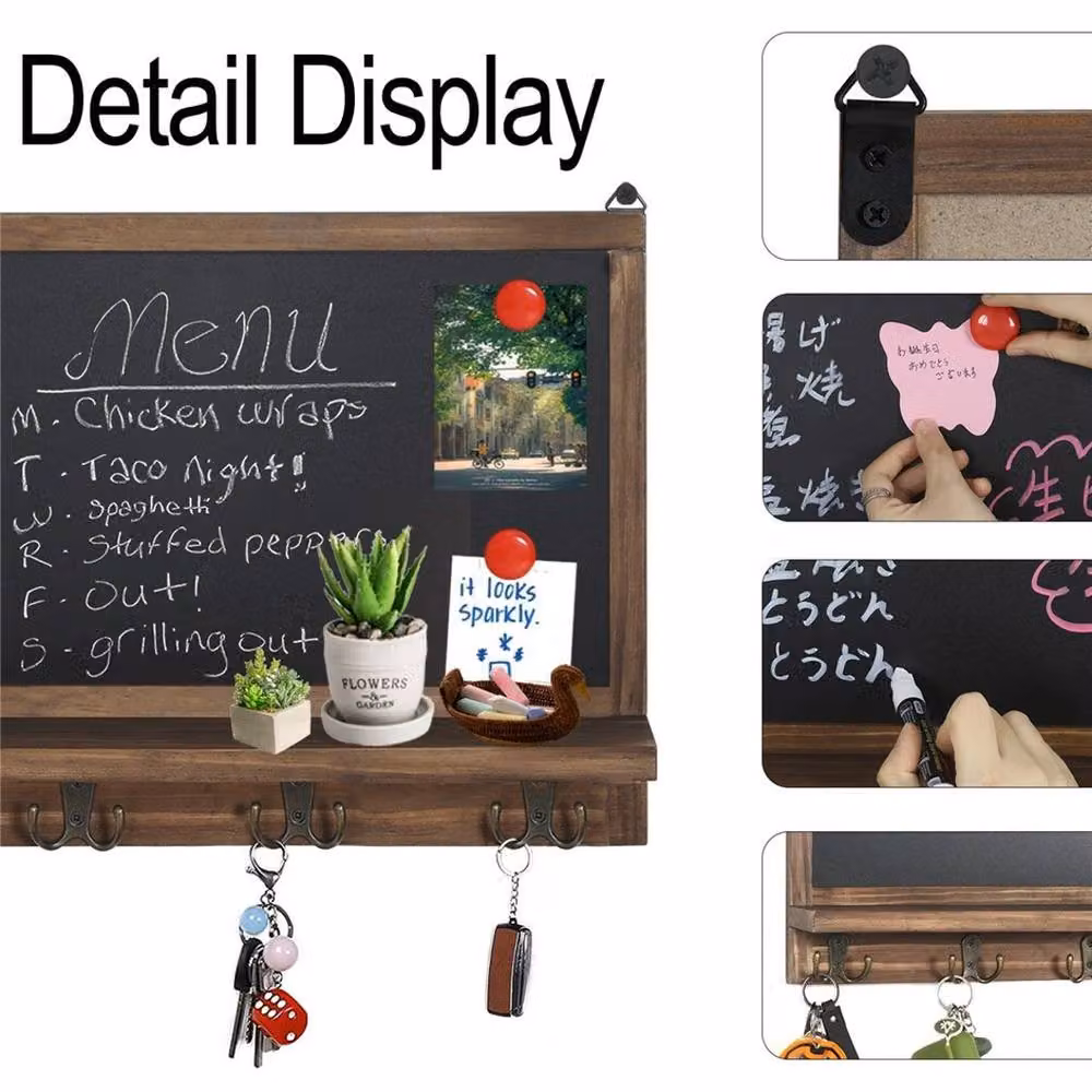 Havendro Large Rectangular Wooden Chalkboard with 4 Hooks and Shelf in Black or Brown – 4