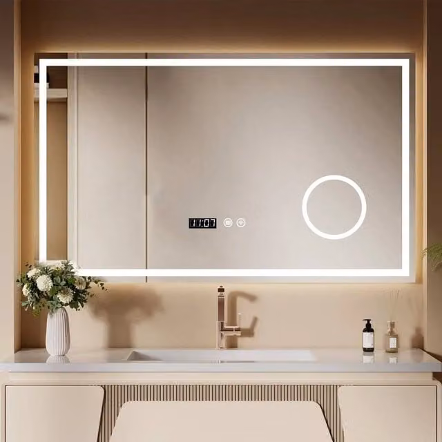 PAWNORA Dimmable LED Wall Mounted Rectangular Bathroom Mirror with Shaver in Beige