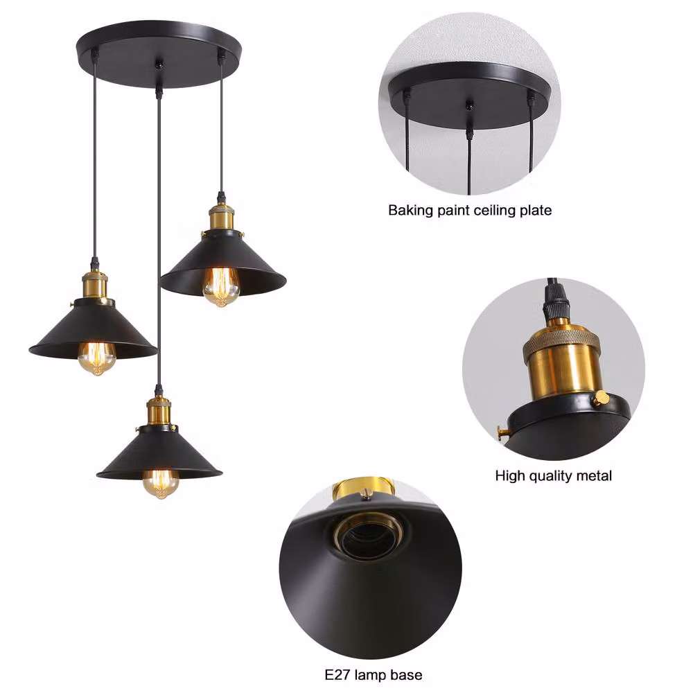 Pheashine Industrial Black Metal Cone Pendant Light with Adjustable Cord and E27 Base – 3