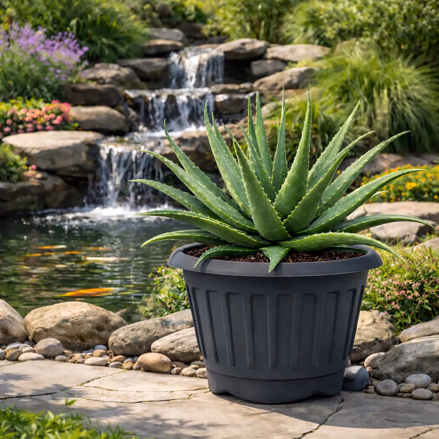 Simpa Set of 2 Round Chunky Plastic Planter Tubs in Black, Diameter: 40 cm – 2