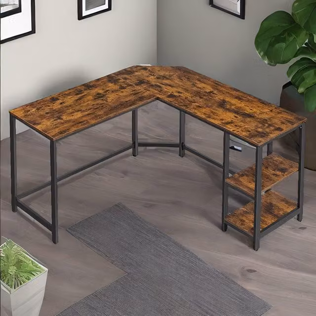 Rafaelo Mobilia Industrial Rustic L-Shaped Corner Writing Desk with Steel Frame in Brown