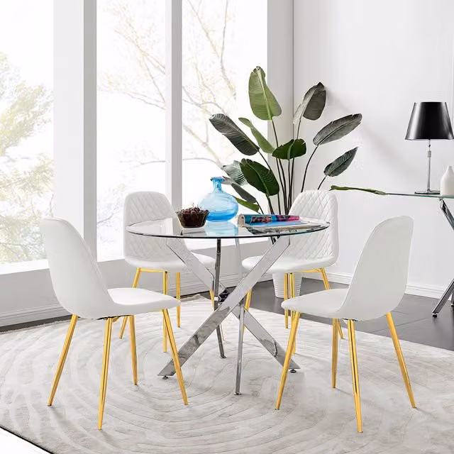 FurnitureboxUK Novara Round Glass Dining Table and 4 Corona Gold Dining Chairs in White and Gold – 1