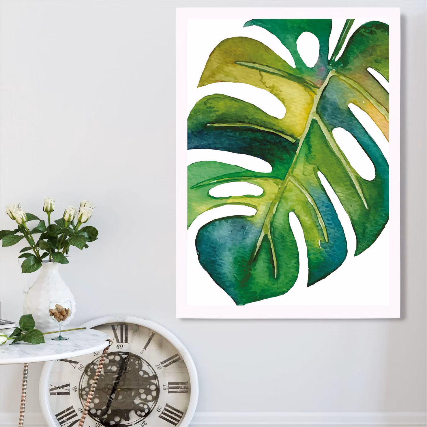 ARTZE Monstera Abstract Watercolour Botanical Framed Print in Green and White, A3 – 2