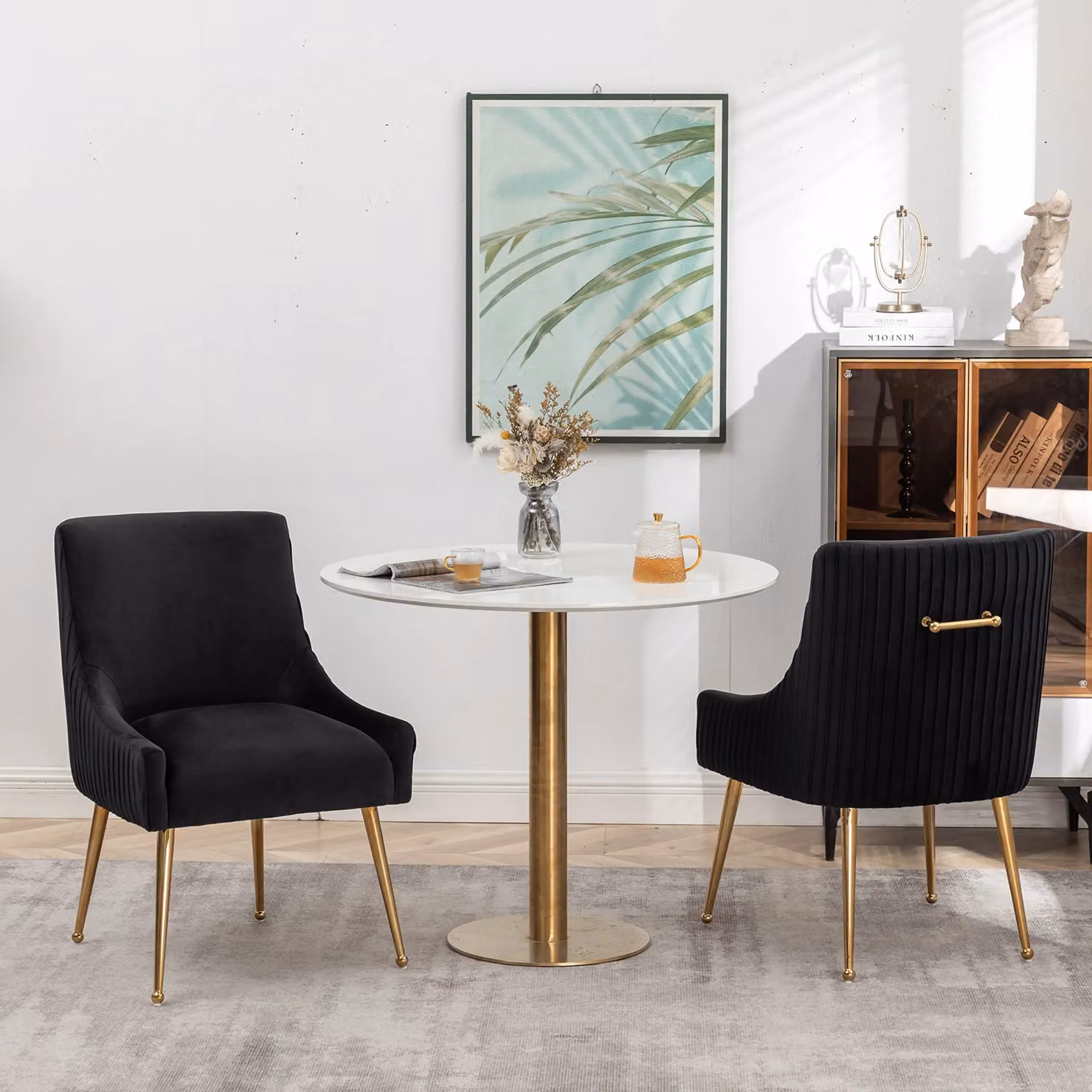 SEYNAR Set of 2 Modern Upholstered Velvet Dining Chairs with Gold Metal Legs in Black – 2