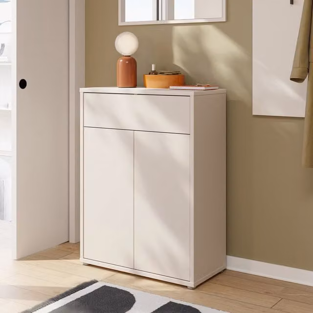 Furniture To Go Alice Springs Modern Shoe Cabinet in Sand with 2 Push-Open Doors and 1 Push-Open Drawer