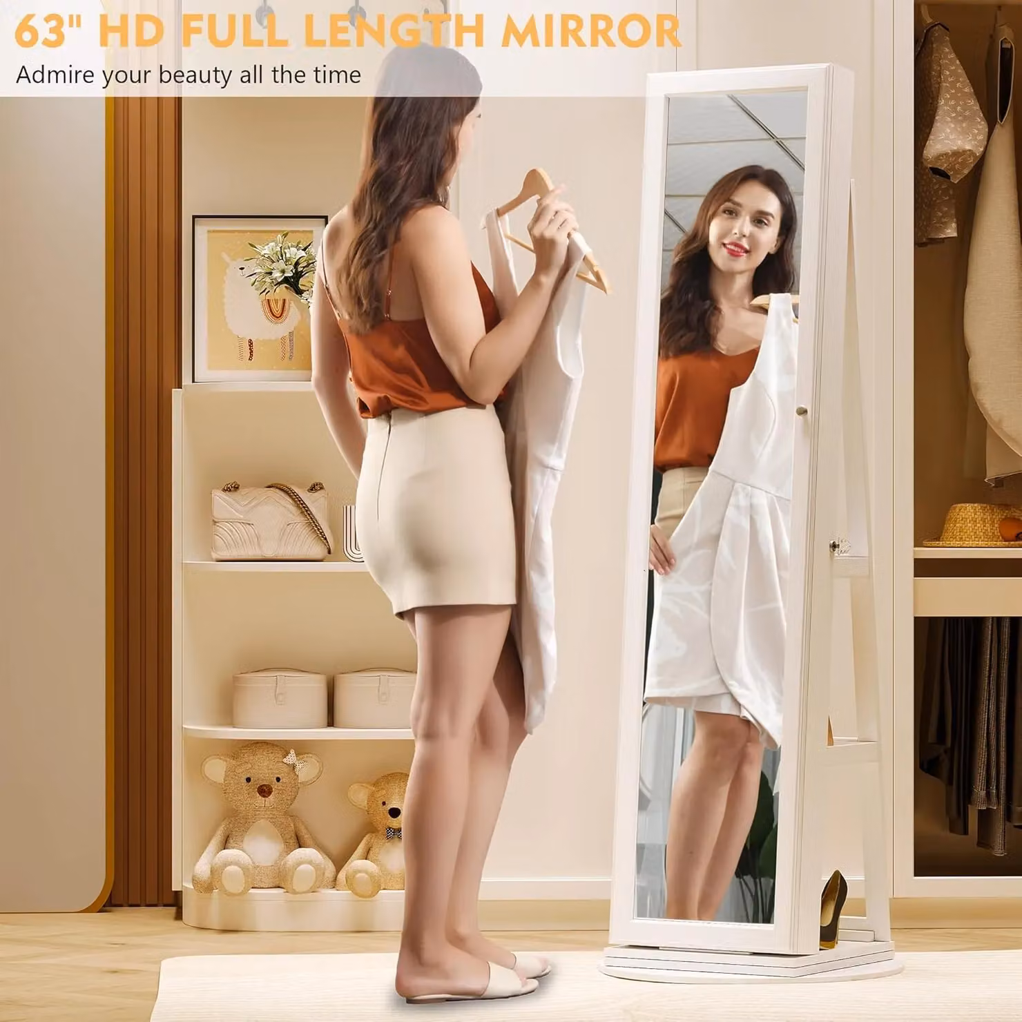 Dprodo 360 Degree Swivel Mirror Jewellery Cabinet in White, H 160 x W 55 x D 55 cm – 4