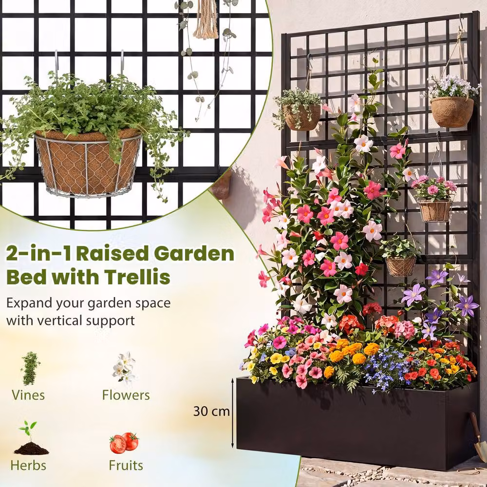 Costway Raised Metal Garden Bed with Trellis and Drainage Holes, Black, W/D/H: 90 x 40 x 30 cm – 4