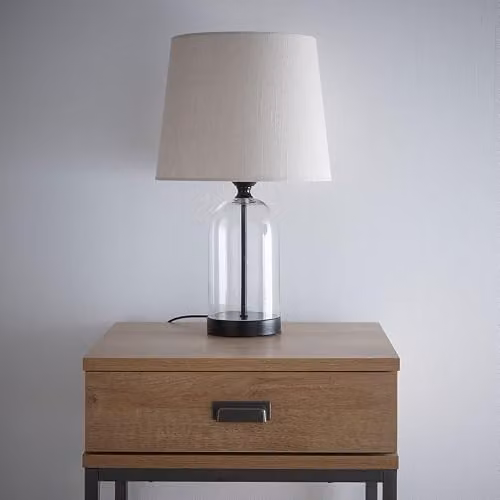 K LIVING Chelsea Table Lamp with Glass Base and Beige Fabric Shade in Black – 1