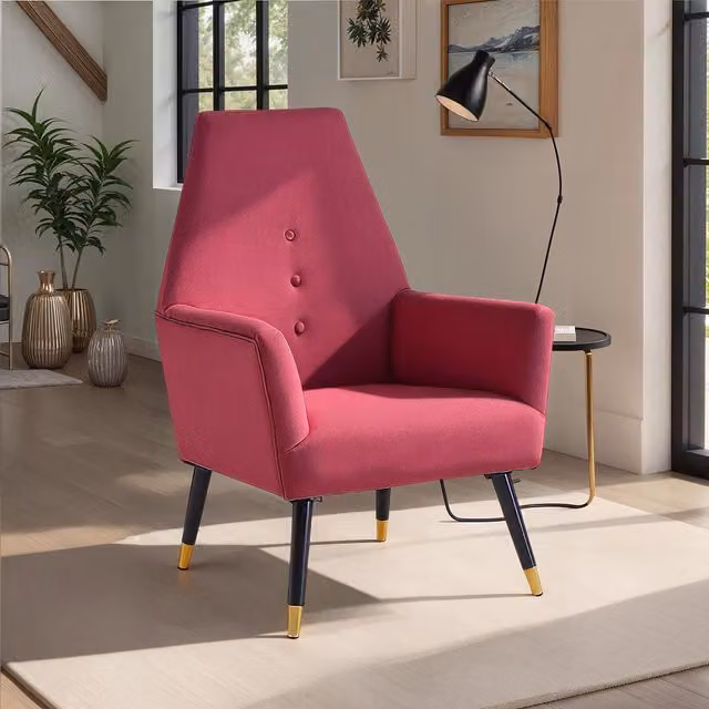 FWStyle Velvet Upholstered Armchair with Padded Accent Cushion and Buttoned Back in Wine