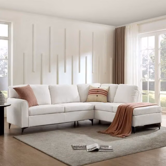 Home Detail Alyssum Right-Hand Corner Sofa in White, 4-Seater Upholstered L-Shape Fabric Sofa with Scatter Cushions