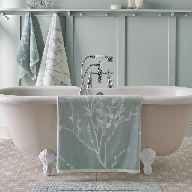 Laura Ashley Pussy Willow Fluffy Cotton Towel in Duckegg Blue and Green Floral Design