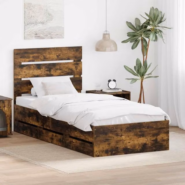 Berkfield Home Modern Bed Frame with Drawers in Smoked Oak Brown, W/D/H: 100 x 200 cm