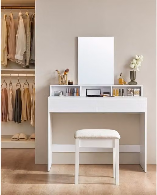 VASAGLE Modern White Vanity Table with Large Mirror, 2 Drawers and 3 Storage Compartments