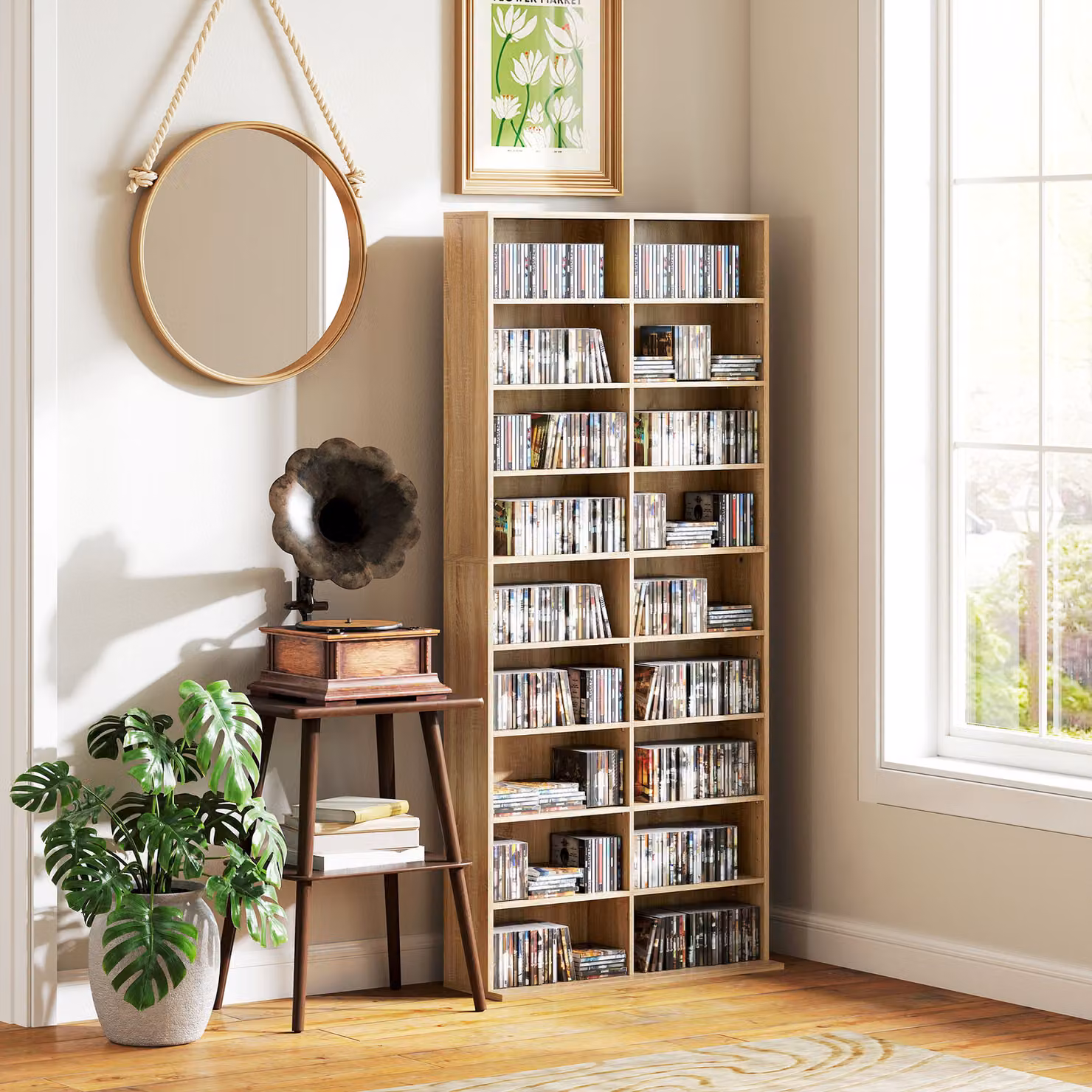 HOMCOM 640 CD Storage Tower in Brown with Adjustable Shelves and Media Compartments – 5