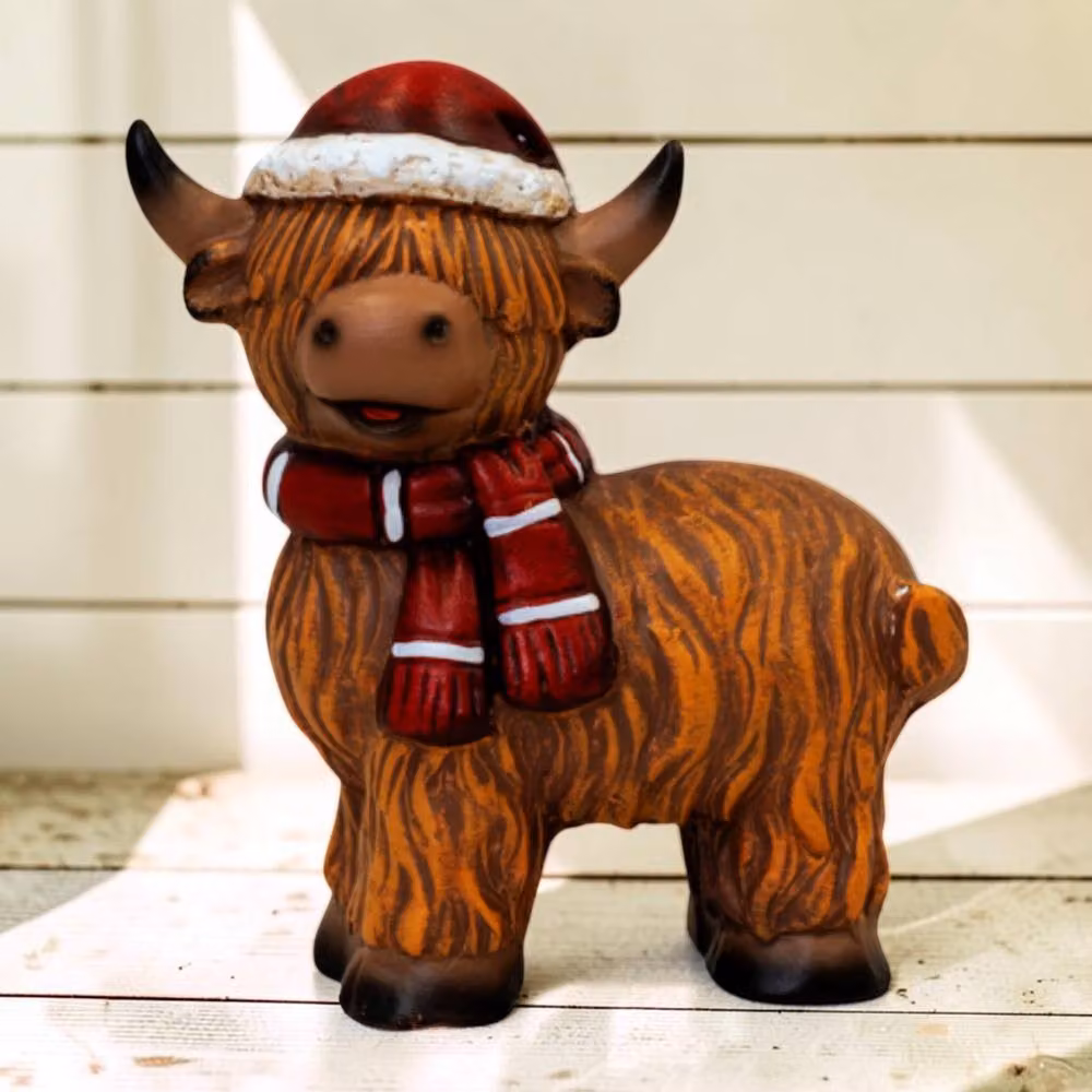 Four Candle Rustic Ceramic Highland Cow Christmas Figurine with Santa Hat in Brown, Red and White, H: 19.0 cm, W: 9.0 cm, D: 15.0 cm – 2