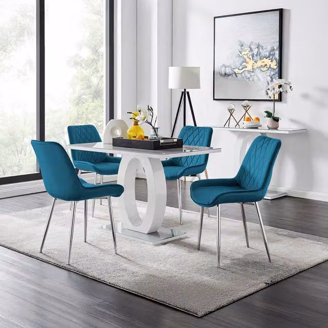 FurnitureboxUK Giovani Grey Glass Dining Table and Four Blue Pesaro Chairs with Silver Legs W/D/H: 120 x 70 x 70 cm