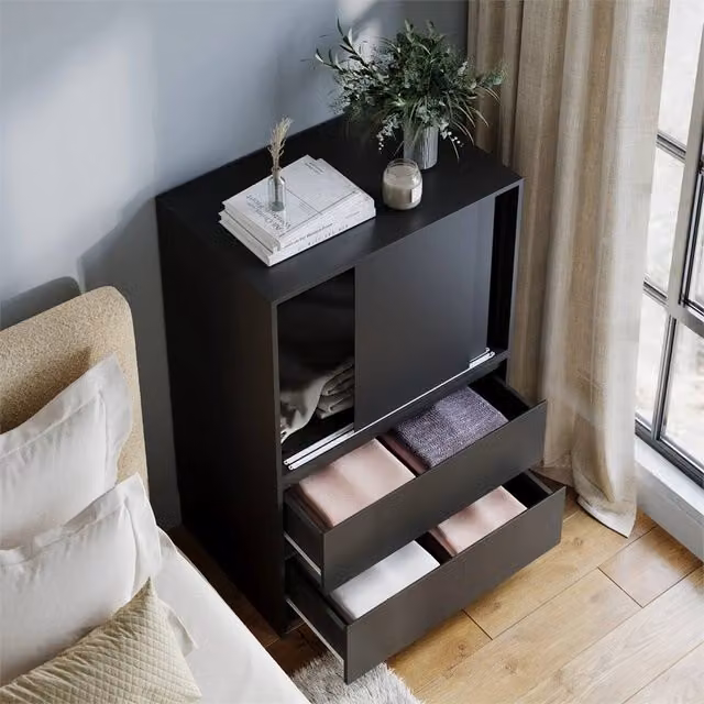 Nordara Black Modern Side Cabinet with 2 Doors and 2 Drawers for Home Office Storage, W/D/H: 120 x 51.5 x 80 cm – 1