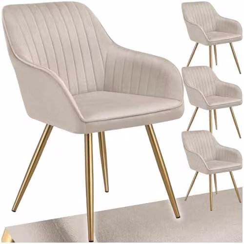 tectake Marilyn Set of 4 Dining Chairs with Velvet Fabric and Gold Metal Legs in Taupe/Gold