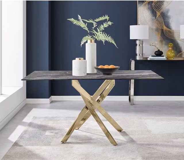 FurnitureboxUK Leonardo 6 Seat Dining Table with Grey Marble Effect Glass Top and Gold X-Frame Legs