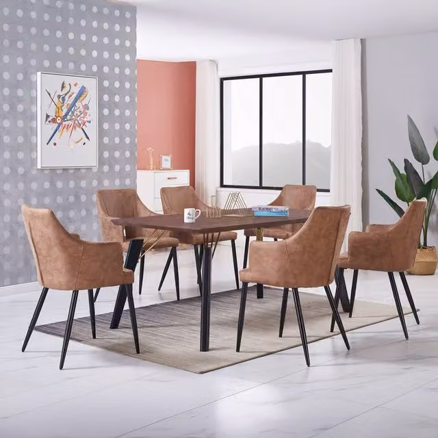 Life Interiors Zarah Cosmo LUX Modern Rectangular Dining Set with 6 Faux Leather Chairs in Beige
