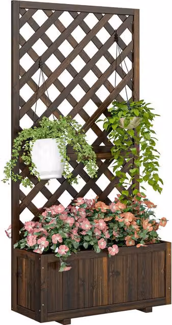 Outsunny Black and Brown Rustic Pine Flower Stand with Trough Planter – 9