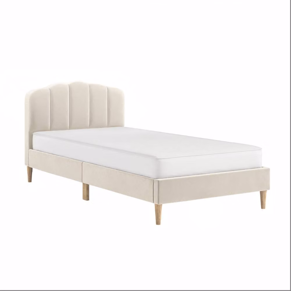 Flair Scallop Upholstered Velvet Bed Frame in Beige, W/D/H: 90 x 190 cm – 3