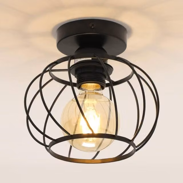Pheashine Modern Round Cage Ceiling Light in Black with E27 Bulb Included