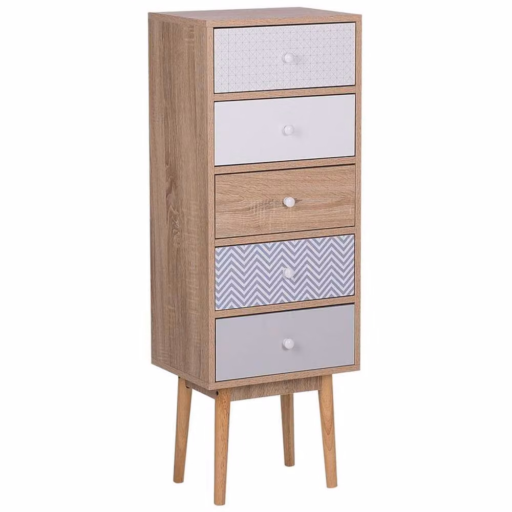Wyld and Coco Five Drawer Chest in Light Brown, White and Grey Scandinavian Design – 2