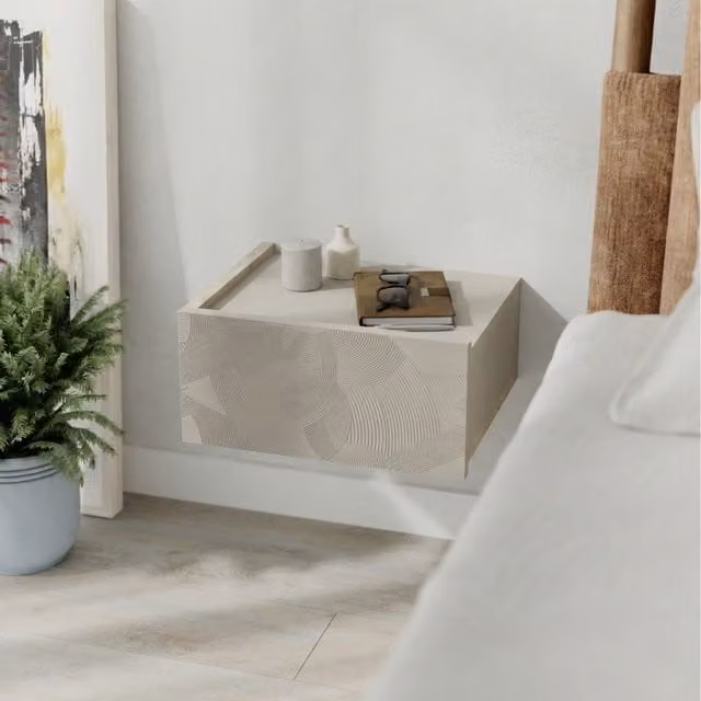 Decortie Onda Modern Wall Mounted Bedside Table with Integrated Lighting in Sand – 1