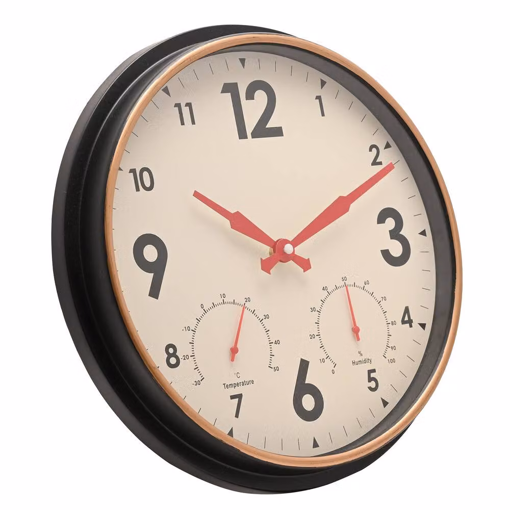 HOMETIME Vintage Round Analog Wall Clock with Thermometer and Hygrometer in Black and Red – 2