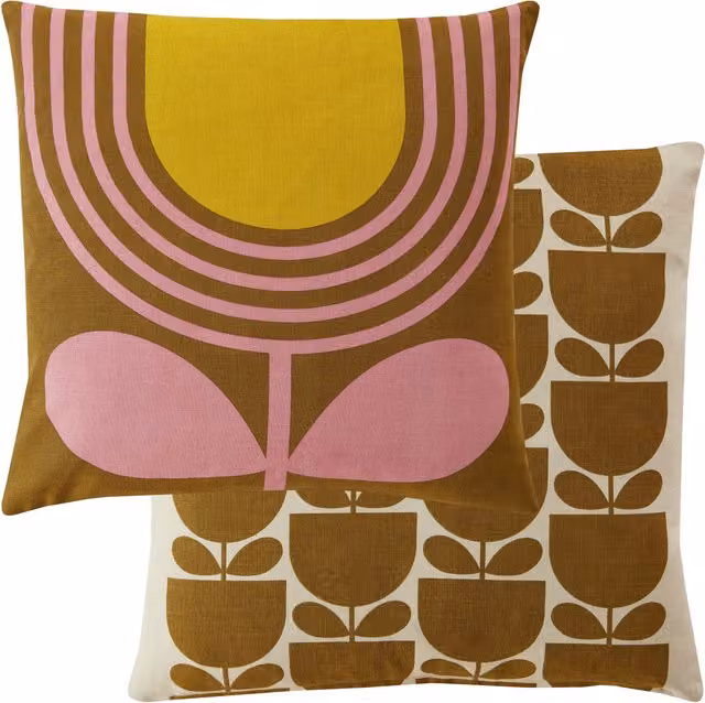 Orla Kiely Striped Tulip Square Filled Cushion in Pink and Yellow, W/D/H: 45 x 45 x 45 cm