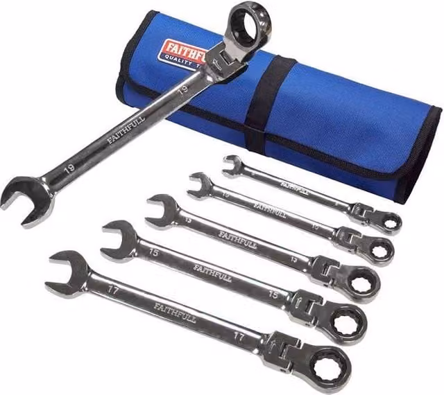 Faithfull 6 Piece Chrome Vanadium Ratchet Combination Spanner Set in Blue with Tool Roll