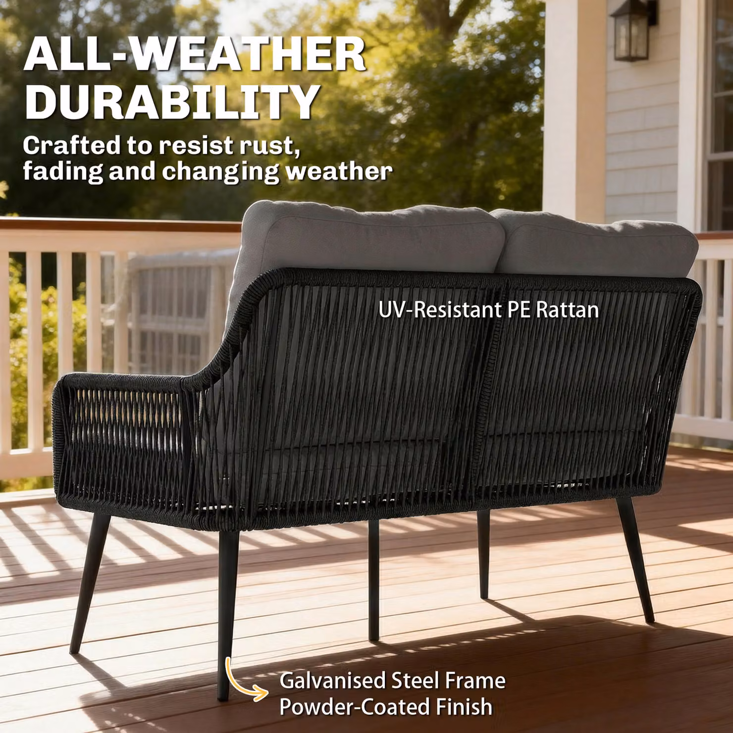 Outsunny 4 Piece Grey Rattan Garden Furniture Set with Tempered Glass Table and Powder Coated Steel Frame – 6