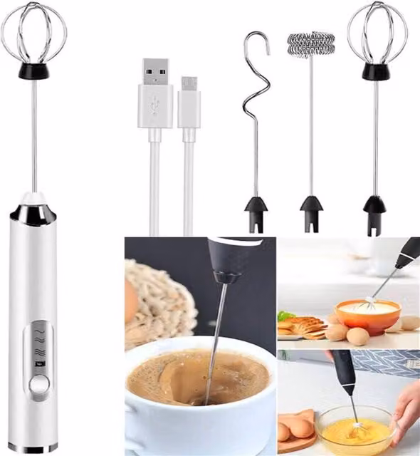 VOGREX White Rechargeable Electric Milk Frother, Coffee Whisk and Egg Beater – 1
