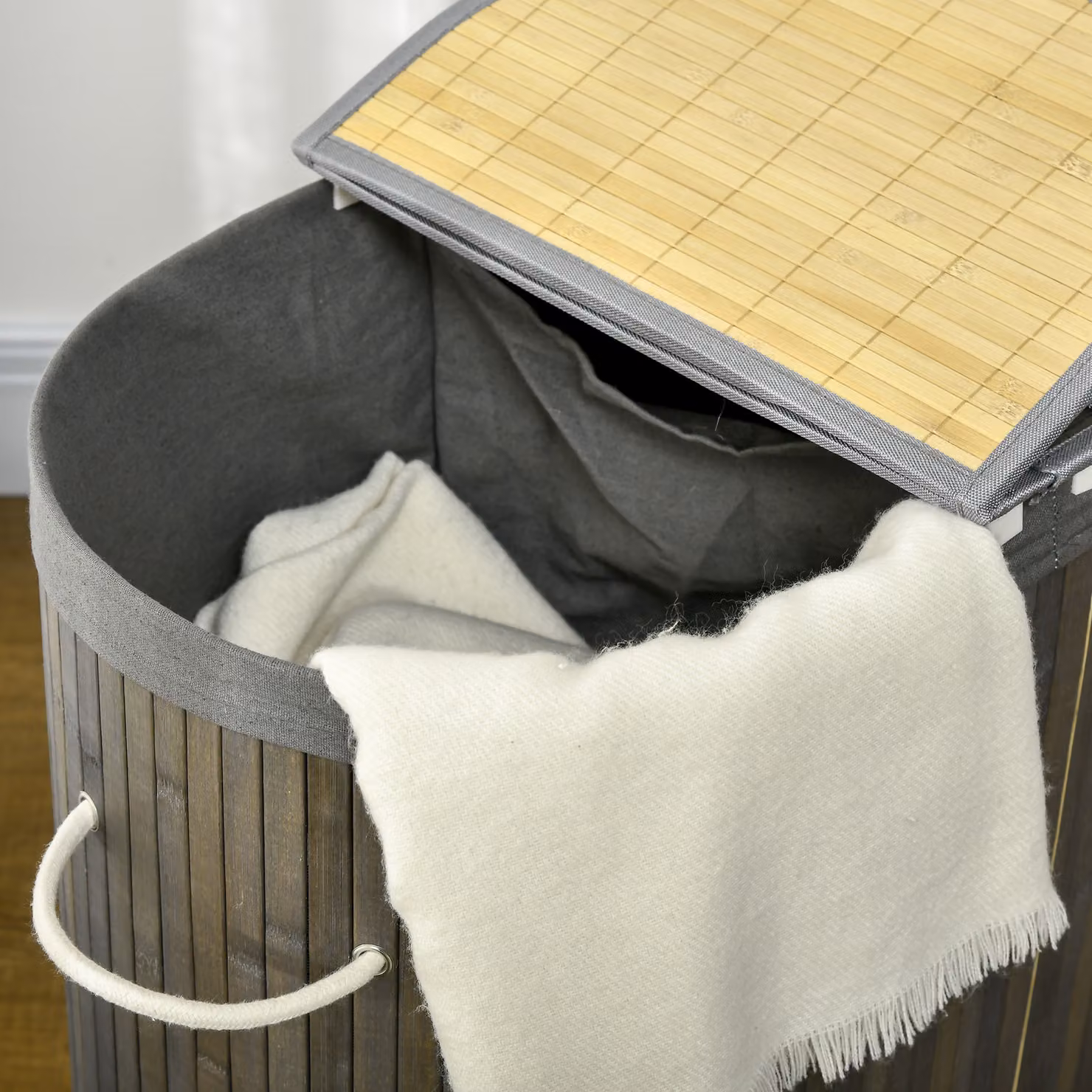 HOMCOM Bamboo 100L Dual-Compartment Laundry Hamper with Lid and Removable Cotton Liners, Grey – 7
