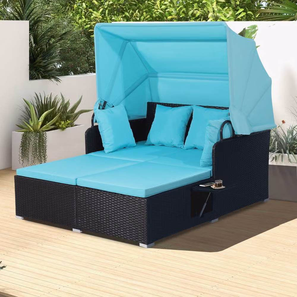 Gymax 2 Seater Blue Rattan Garden Daybed with Sun Canopy and Side Tray – 3