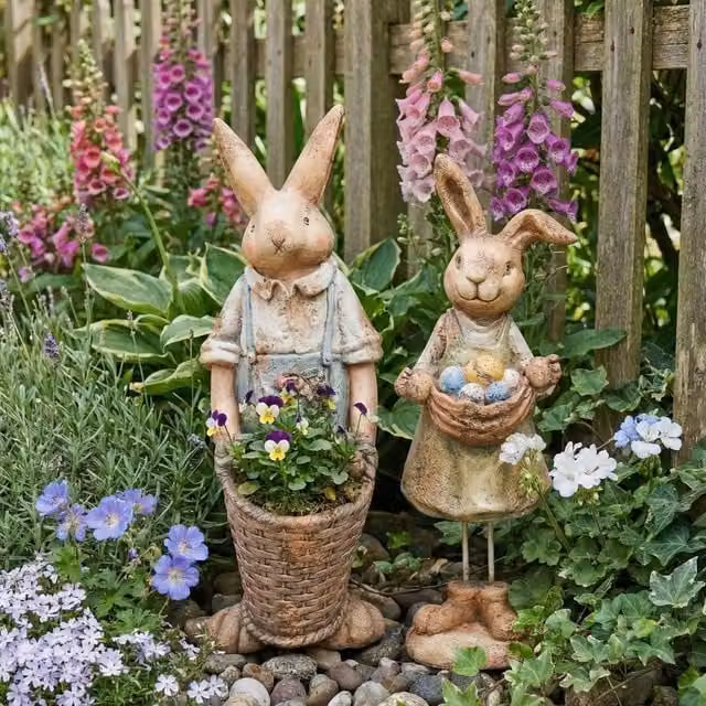 Wyld and Coco Set of 2 Multicolour Ceramic Cottage Easter Bunny Figurines