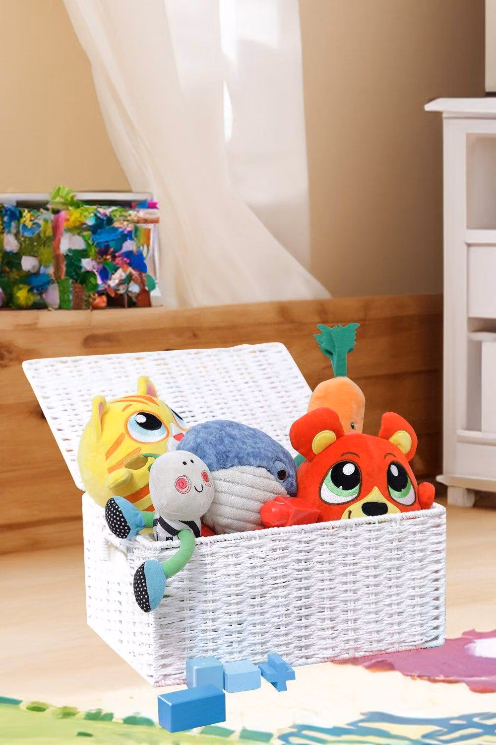 ARPAN White Open Weave Paper Rope Storage Basket with Lid and Handles – 3