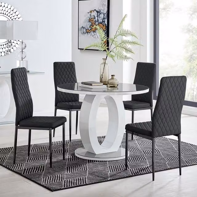 FurnitureboxUK Giovani Round Grey Glass Dining Table 100cm and 4 Milan Black Leg Chairs