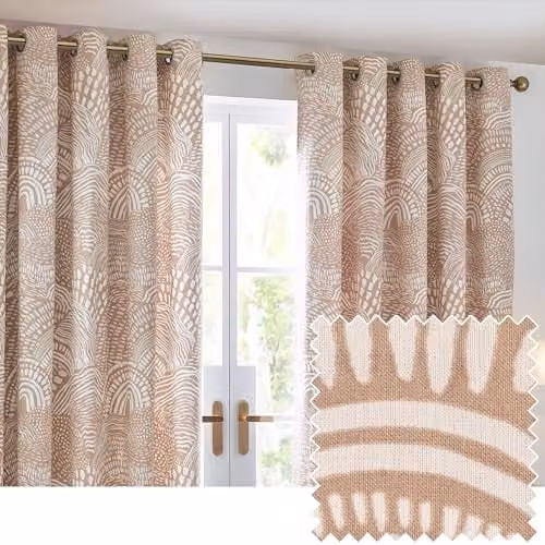 HOEM Nola Abstract Geometric Opaque Eyelet Curtains in Beige, Width: 117.1 cm, Drop: 137 cm