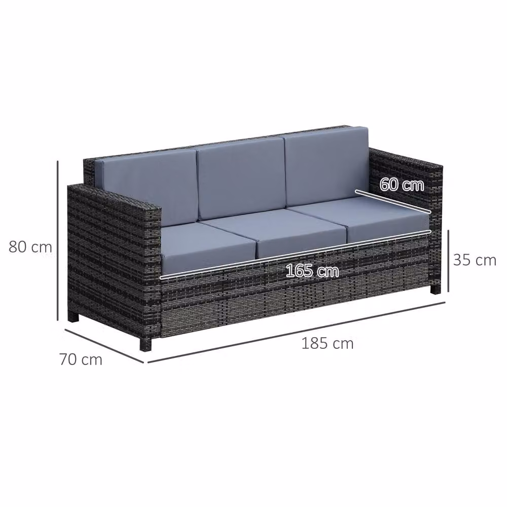 OUTSUNNY Grey Rattan Wicker 3-Seater Sofa with Cushions and Steel Frame – 2