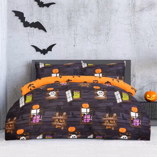 Smart Living Haunted House Reversible Microfibre Duvet Cover and Pillowcases, Charcoal, W: 90 cm, L: 200 cm